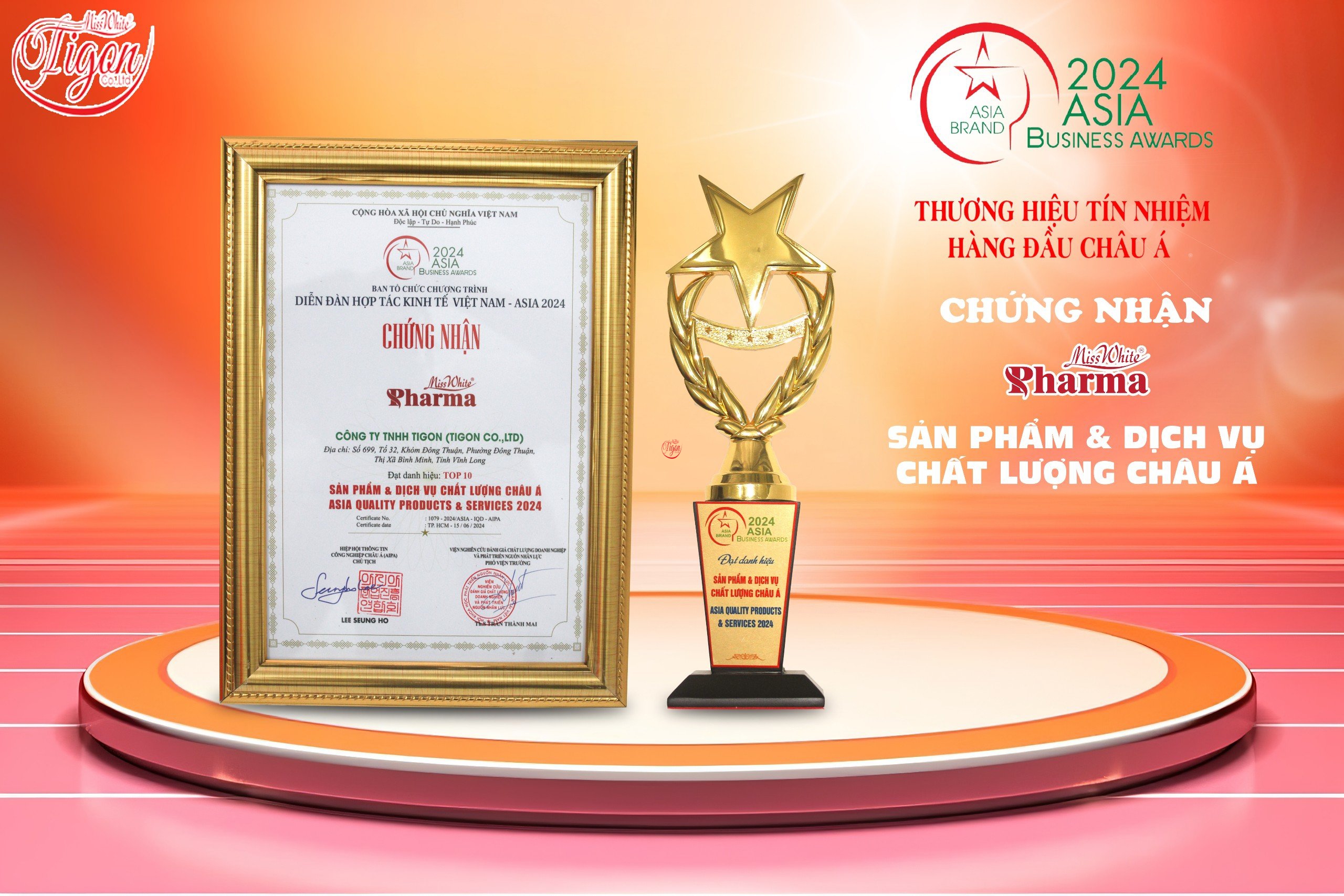 Công Ty TNHH TIGON Đạt Giải Thưởng “TOP 10 SẢN PHẨM & DỊCH VỤ CHẤT LƯỢNG CHÂU Á 2024” của dòng sản phẩm MissWhite Pharma.